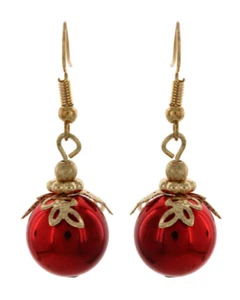 RED WITH GOLD CHRISTMAS ORNAMENT DANGLE EARRINGS - Picture 1 of 7