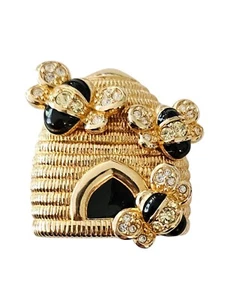 Swarovski Swan Logo Bee And Hive Brooch Black Enamel Clear Crystal Pin, J114 - Picture 1 of 8