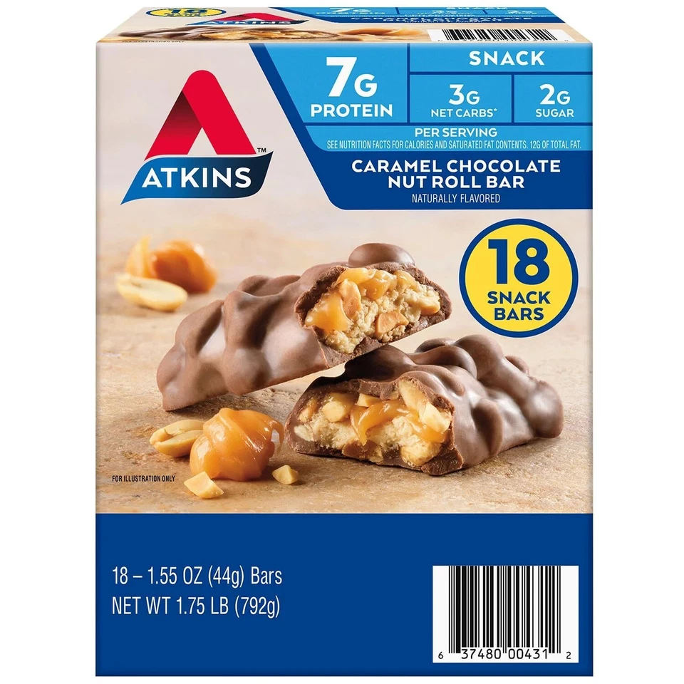 Atkins Snack Bars Caramel Chocolate Nut Roll 18 Ct – Low Carb Anytime Snack.