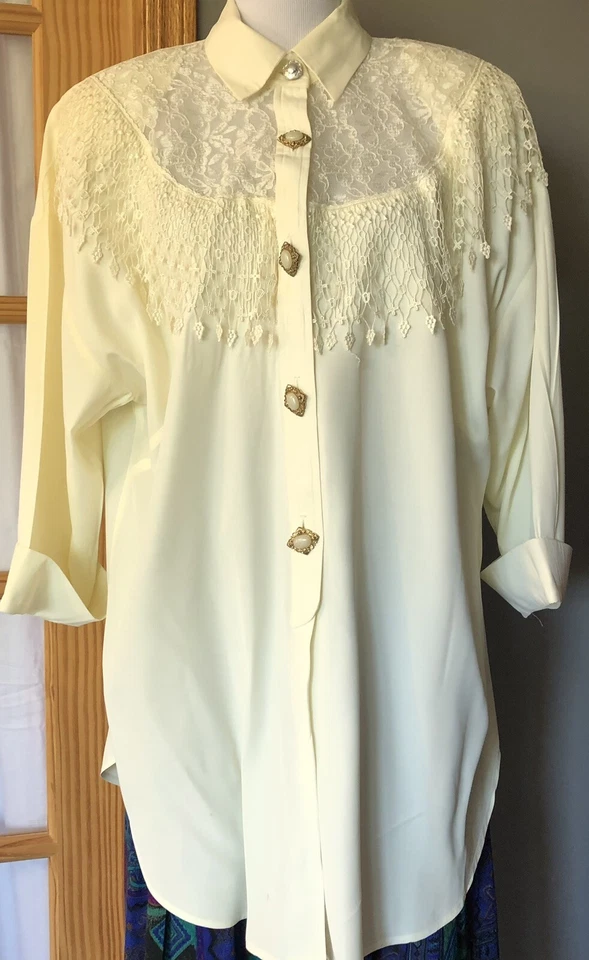 Blusa túnica feminina vintage R&M Richards 20W marfim floral renda franjas botões boho - Imagem 1 de 4