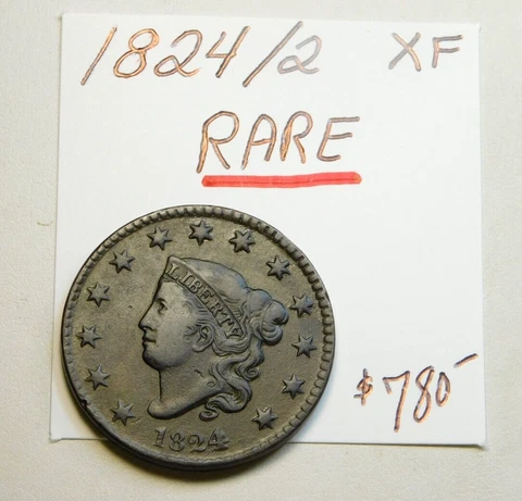 RARE 1824 / 2 XF CORONET HEAD LARGE CENT!!!!!!!!!!!!!!!!!!!!! - 100% ORIGINAL ⭐⭐ Cover