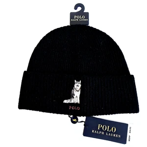 Polo Ralph Lauren Black Rib Knit Beanie Hat Husky Dog Wolf One Size NWT - Picture 1 of 6