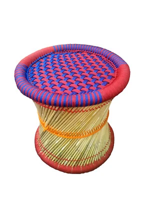 Handmade Stool Mudha for Furnish Vintage Look Made by Bamboo Stick Colorful Rope - Image 1 of 2