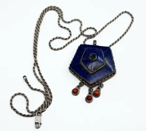 VINTAGE Sterling Silver Lapis Perfume Pendant Necklace with Coral Accents - Picture 1 of 9