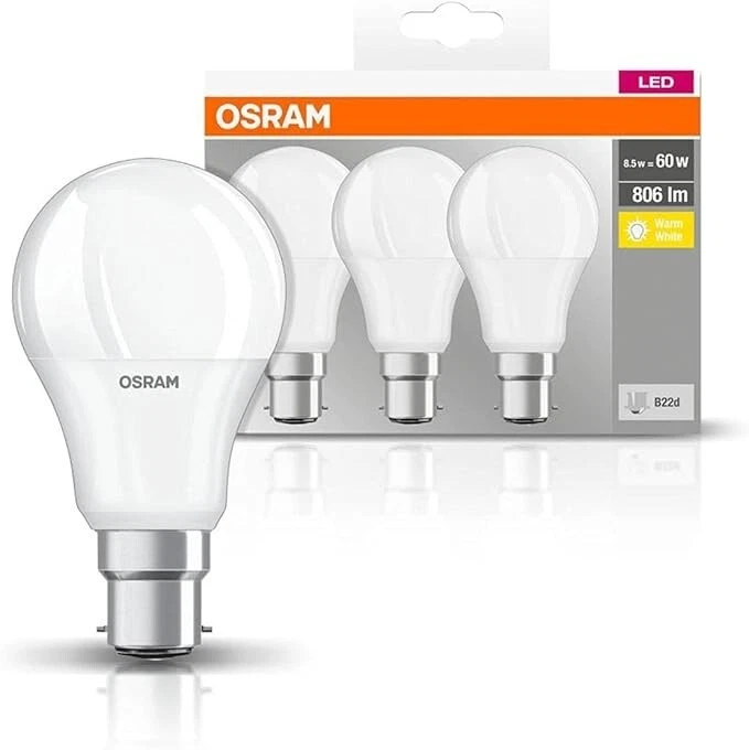 3x 8.5W (=60W) Osram LED GLS Globe Ultra Low Energy 2700K Light Bulb BC B22 Lamp - Image 1 of 1