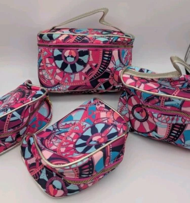 Lote de 4 bolsas de anidación de viaje/maquillaje geométrico con cremallera rosa/azul/púrpura para mujer Foto 1 de 4