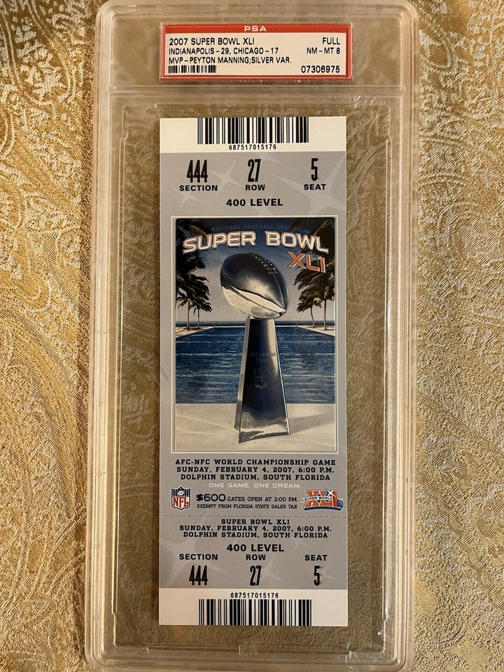 Boleto completo Super Bowl XLI 2007 (41) grado PSA (8) boleto plateado, Colts v Bears. Foto 1 de 2