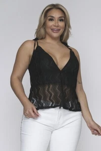 SEXY Solid Black LINED LACE Size 3XL Tank Top WOMENS PLUS Tie Straps V NECK - Picture 1 of 4