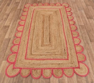 Carpet Jute Scallop Pink Border Square Hand Braided Farmhouse Jute Area Rug - Picture 1 of 6