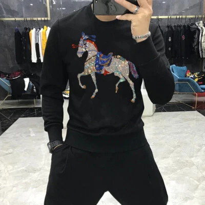 New Fashion Horse Rhinestone Winter Warm Hoodie Men Luxury Sweatshirt Pullover - Image 1 of 4