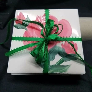 Grandma Red Rose Ceramic Coasters Hand Painted Cork Padded No Scratch Coasters - Picture 1 of 5