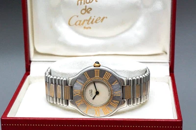 *NOVO Batt* CARTIER Must De 21 relógio de quartzo unissex prata dourada 31 mm do Japão - Imagem 1 de 4