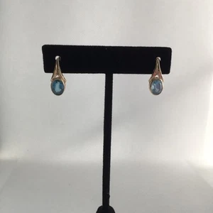 14k Yellow Gold Earrings With Oval Blue Topaz? Aquamarine? Drop Earrings Posts - Picture 1 of 9
