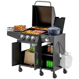 Outsunny 3 Burner Gas Grill with Side Burner and Shelves, Propane BBQ Grill - Picture 1 of 11