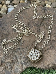 ✅Collana Vintage 30" Tono Oro Sunburst Ciondolo Catena 19 Strass Trasparenti - Foto 1 di 8