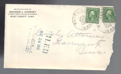 1913 West Liberty Iowa corner cover Livery Feed & Sale Stable; Court Fling auxil - Image 1 of 2