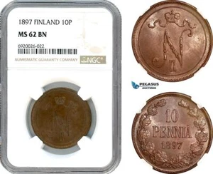 AK235, Finland, Nicholas II. of Russia, 10 Pennia 1897, Helsinki Mint NGC MS62BN - Picture 1 of 1