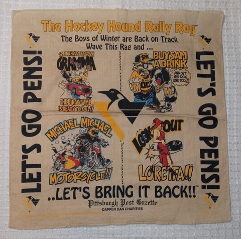 1994 VTG Pittsburgh Penguins Hockey Hound Rally Rag Cotton Mike Lange Dapper Dan Cover