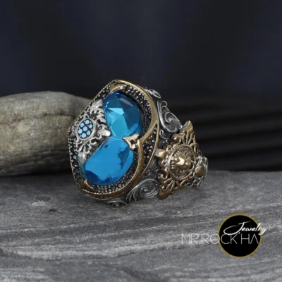 Anel masculino de prata 925 pedra azul água-marinha, gravura de leão alívio, folheado a ouro - Imagem 1 de 4