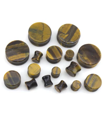 Par de tapones de lóbulo de carne de oreja doble destello de piedra ojo de tigre E553 Foto 1 de 3