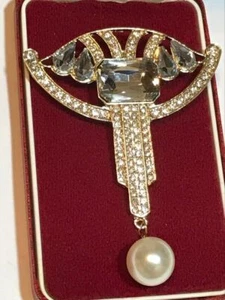Stunning Art Deco Style Geometric Crystal & Pearl Gold Tone Brooch Shawl Pin - Picture 1 of 13