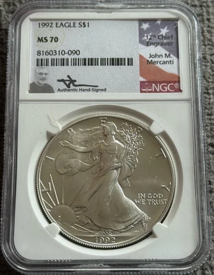 1992 American Silver Eagle $1 NGC MS70 John Mercanti BLAST WHITE GEM! KEY DATE!! - Image 1 of 4