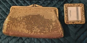 Whiting and Davis Art Deco Shiny Gold Mesh Set 2 Cosmetic Bags & Mirror Travel - Picture 1 of 7