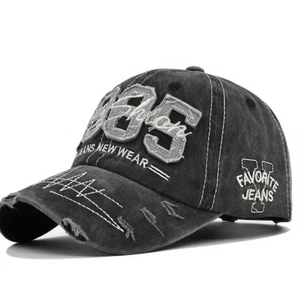 Black 1985 Embroidery Ripped Baseball Cap Washed Distressed Adjustable Fashion - Picture 1 of 7