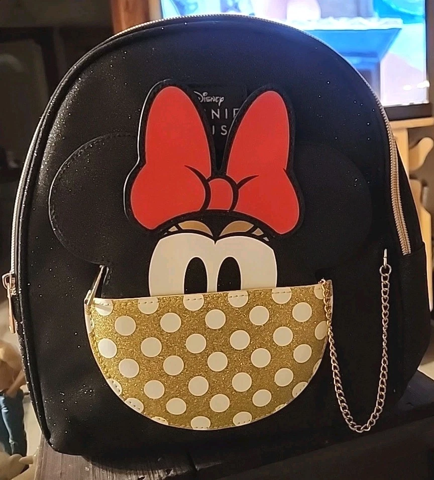 Disney Minnie Mouse Graphic Mini Backpack Black Glitter w/Coin Purse. 13” Tall.