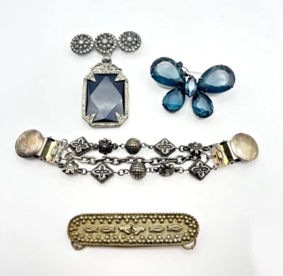 3 alfileres antiguos simulados de marcasita con imitación de ónix y clips de cuello plateados de colección Foto 1 de 4