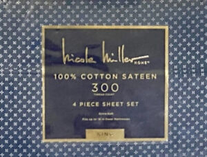 4pc Nicole Miller Blue Floral KING Sheet Set Cotton Sateen Sheets NEW