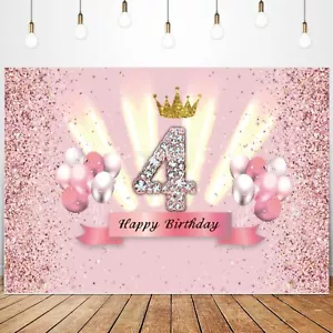 Pink Happy 4th Birthday Backdrop Shinny Spots Sparkle Girls 4 Years Old Birth... - Picture 1 of 7