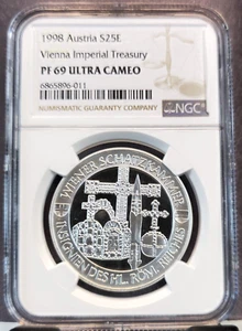 1998 AUSTRIA SILVER 25 EURO VIENNA IMPERIAL TREASURY NGC PF 69 ULTRA CAMEO TOP - Picture 1 of 3