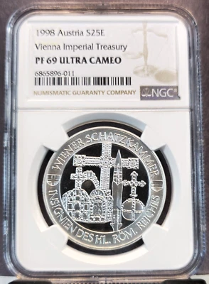 1998 AUSTRIA SILVER 25 EURO VIENNA IMPERIAL TREASURY NGC PF 69 ULTRA CAMEO TOP - Image 1 of 3