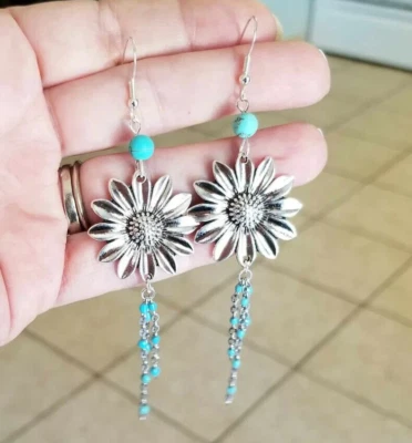 Pendientes Girasol Turquesa Girasol Pendientes Colgantes Borla Pendientes Girasol Foto 1 de 4