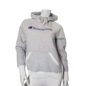 Champion Sz Small Logo Hooded Sweatshirt / Hoodie Grey White with Front Pocket - Picture 1 of 9
