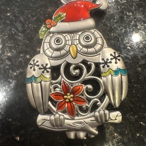Pewter Owl In Santa Hat Christmas Tree Ornament 2.5" Poinsettia - Picture 1 of 9
