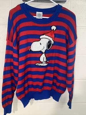 Suéter de vacaciones PEANUTS unisex juvenil talla XXL rojo/azul a rayas, cuello redondo Foto 1 de 4