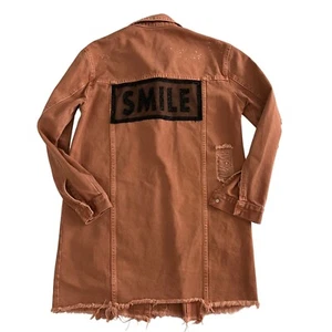 Chaqueta de mezclilla larga con lentejuelas boho artística indie grunge envejecida para mujer talla pequeña - Imagen 1 de 8