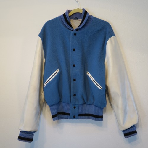 OFF WHITE Giacca vintage anni 60 Butwin lana pelle Varsity uomo L bambino blu bianco sporco sportiva