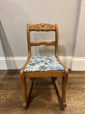 Sweet Antique Vintage Child Size Wooden Rocking Chair Carved Rose & Fabric Seat Cover
