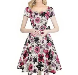 Girstunm Floral Classic Tea Dress Short Sleeve Swing Retro Party Pockets Size L - Picture 1 of 6