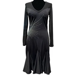 Dance & Sway Black Latin Ballroom Competition Dance Dress Sheer Rhinestones Lg - Picture 1 of 13