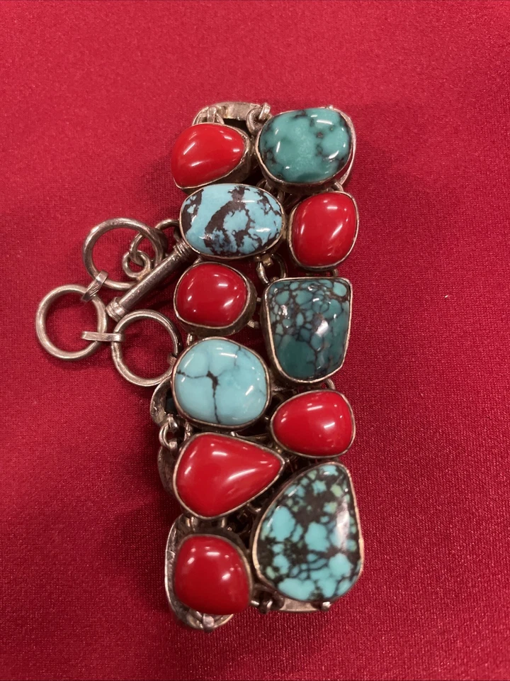 "Brazalete de plata de ley con piedras preciosas de coral azul turquesa y rojo 8""" Foto 1 de 4