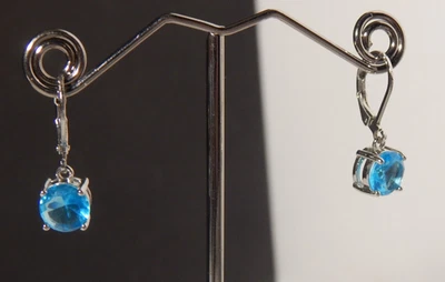 Emerald Cut lab-created Aquamarine Earrings - Blue Dangle Silver tone NICE! - Image 1 of 4
