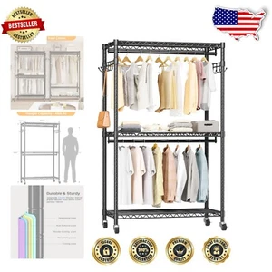 Versatile Black Metal Garment Rack with Removable Shelf and Wheels for Easy Use - Picture 1 of 9