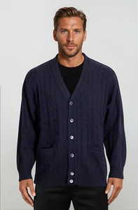 Ansett Pure Wool Cable Knit Cardigan Knitwear Navy Blue Merino Jumper Knitwear - Picture 1 of 1