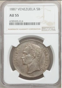 Venezuela 5 Bolivares 1887 NGC AU 55 Silver Coin, 25 Gr- Very Rare - USA Seller - Picture 1 of 2