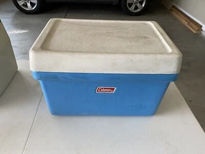 Vintage 70s 1976 Coleman Blue Cooler 21x14x13 Metal Handles Bottle Opener Retro - Picture 1 of 13