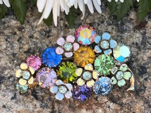 Vintage Signed Weiss Glorious Multicolor Rhinestone Enamel Flower Brooch / Pin - Picture 1 of 6